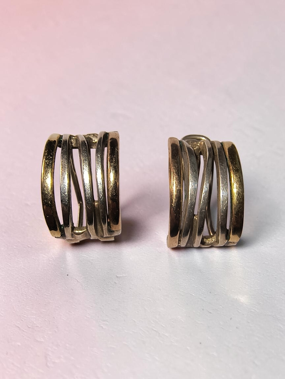 18K Gold & Sterling Silver Mixed Metal Multi-Band Half Hoop Post Earrings